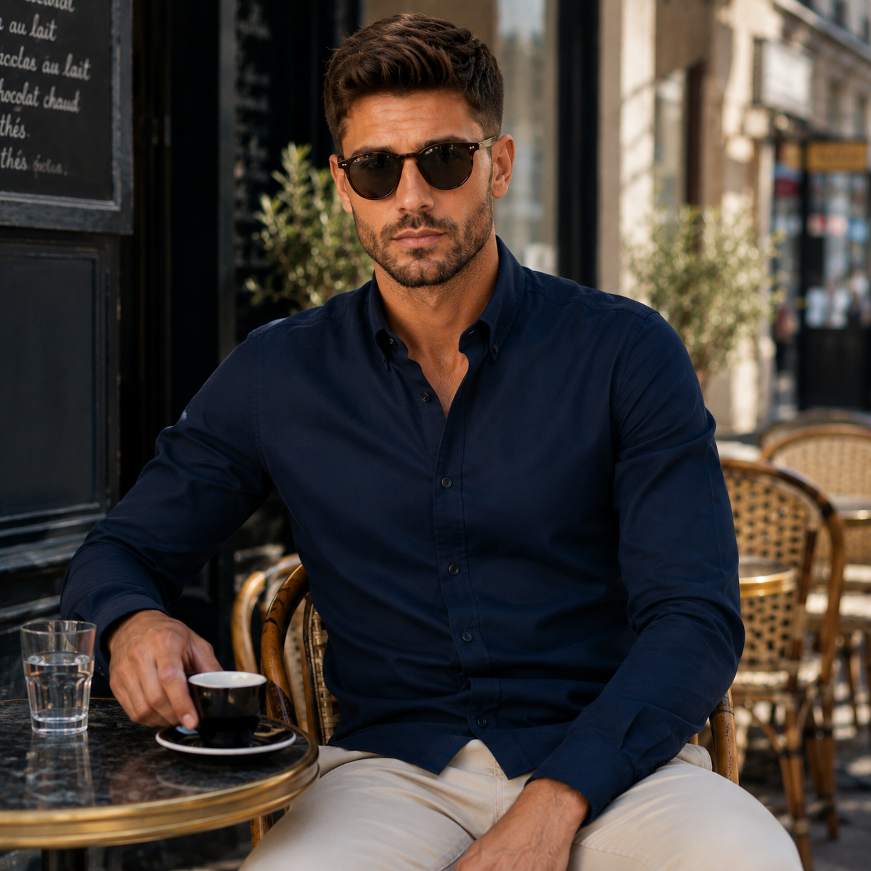 Chemise Oxford Homme Respirante - Bleu marine, look terrasse