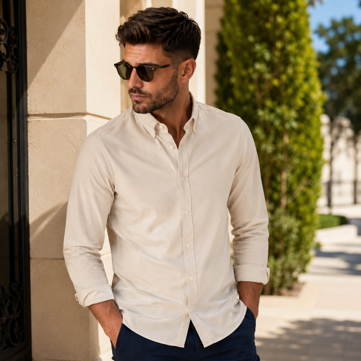 Chemise Oxford Homme Respirante - Beige, en extérieur